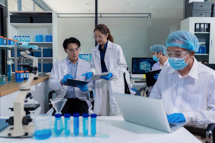 Team of biochemical research scientists working